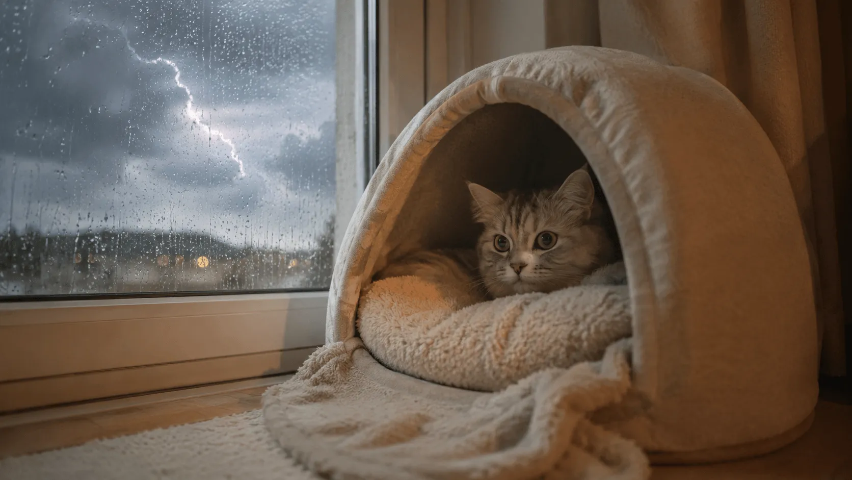 猫が雷や大雨で隠れるとき｜怖がり方と安心できる場所づくり