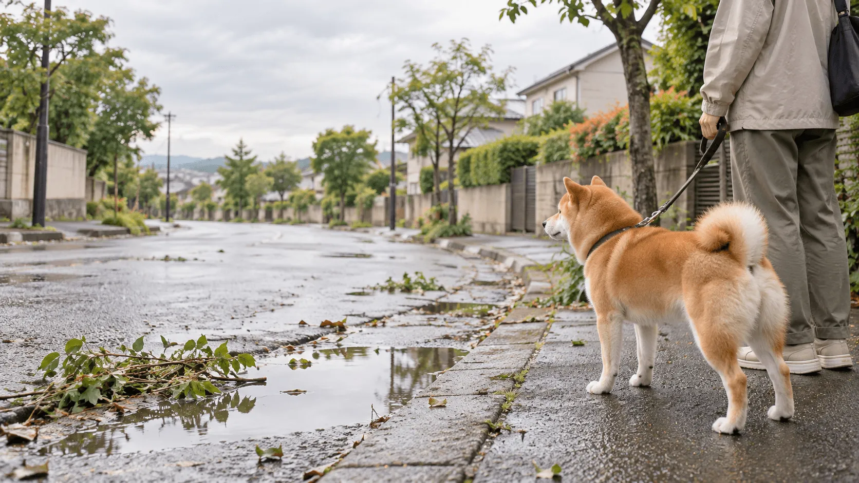 台風が過ぎたあとの犬の散歩｜再開前に見る道路・水たまり・飛散物