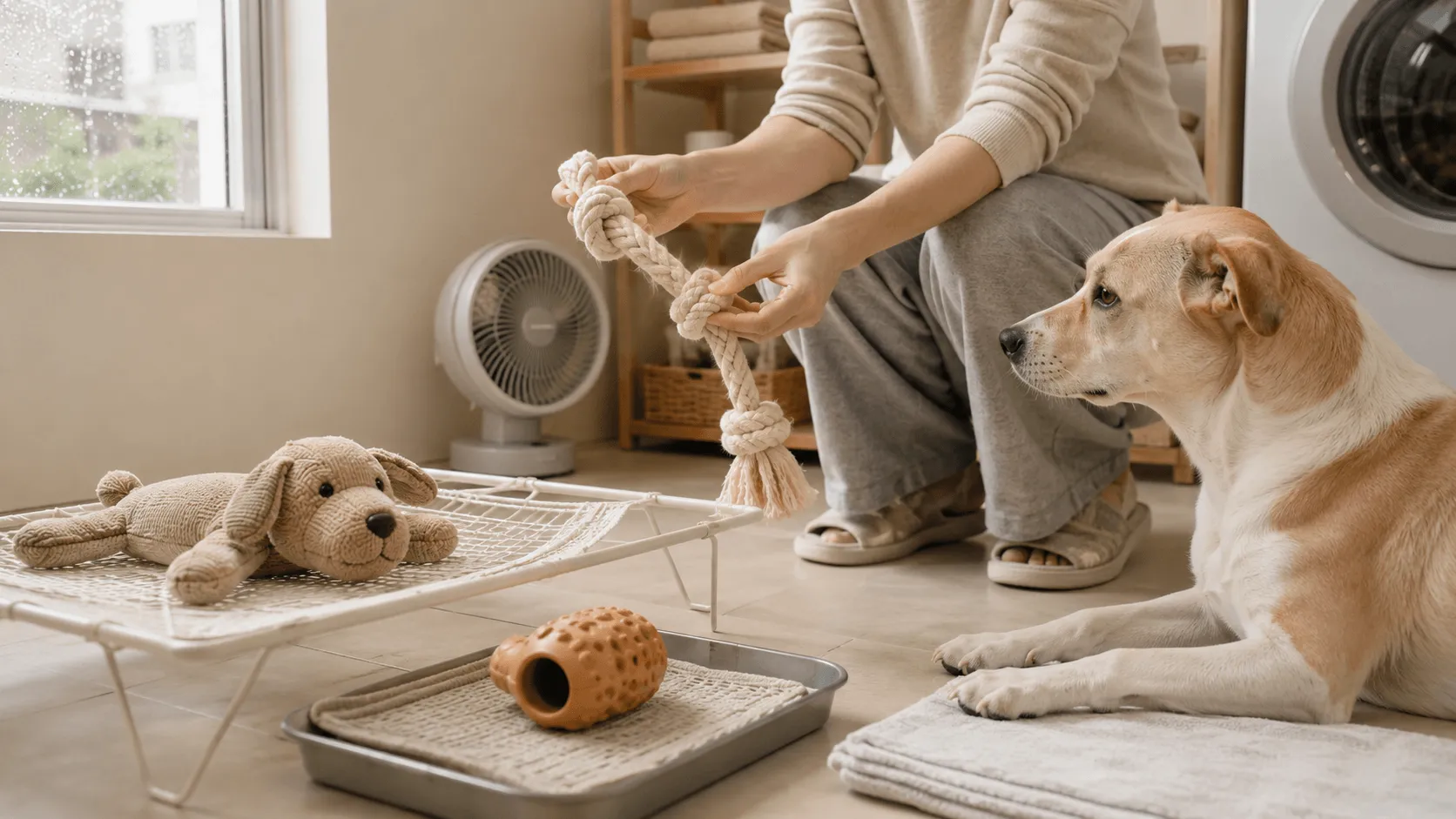 梅雨の犬のおもちゃはどう洗う？布・ロープ・ゴムの乾かし方と替え時