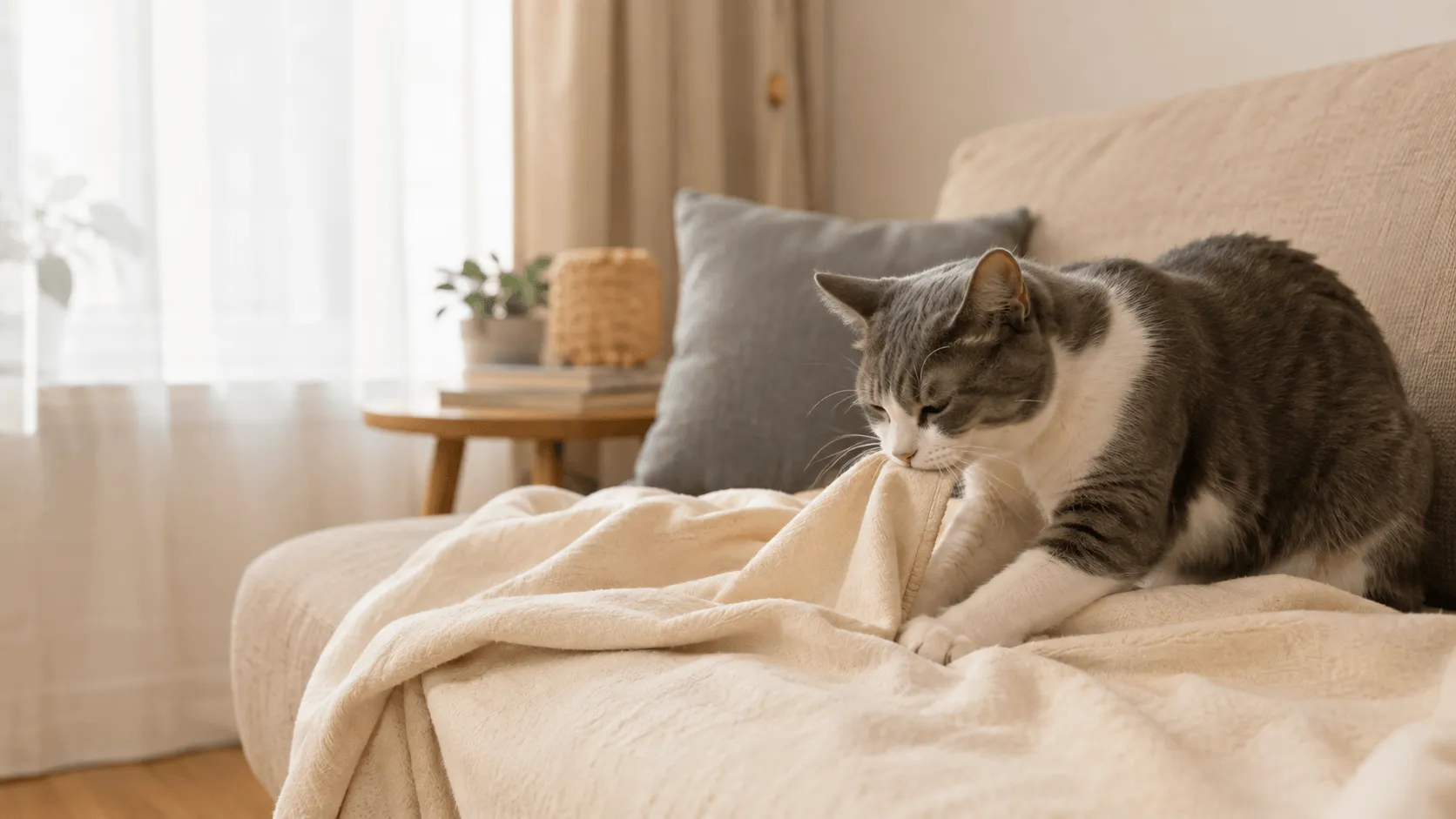 猫がふみふみしながら布を吸うとき｜見守りと誤飲リスクの分け方