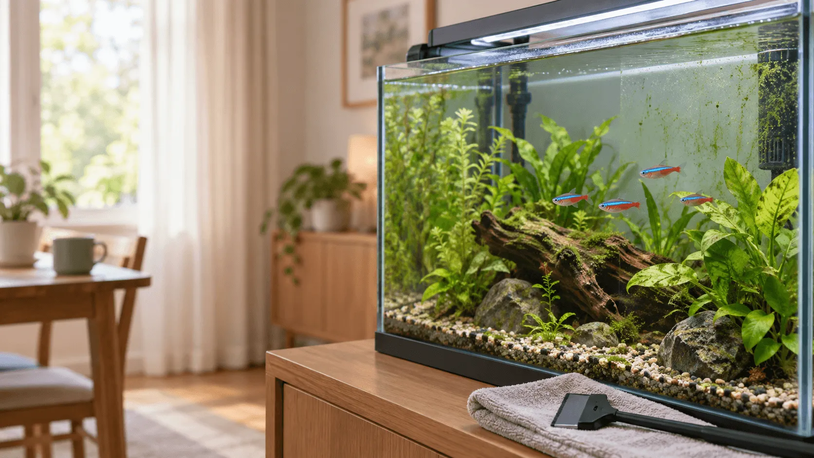 熱帯魚水槽のガラスや水草にコケが増えるとき｜照明・餌・掃除の見直し
