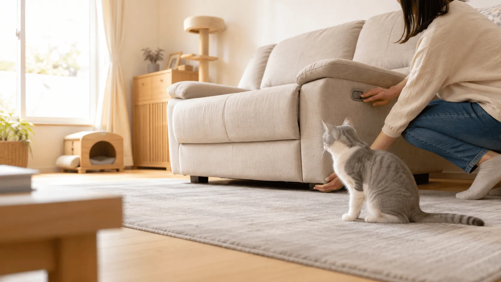 猫とリクライニングソファで暮らすとき｜可動部への挟まり事故を防ぐ