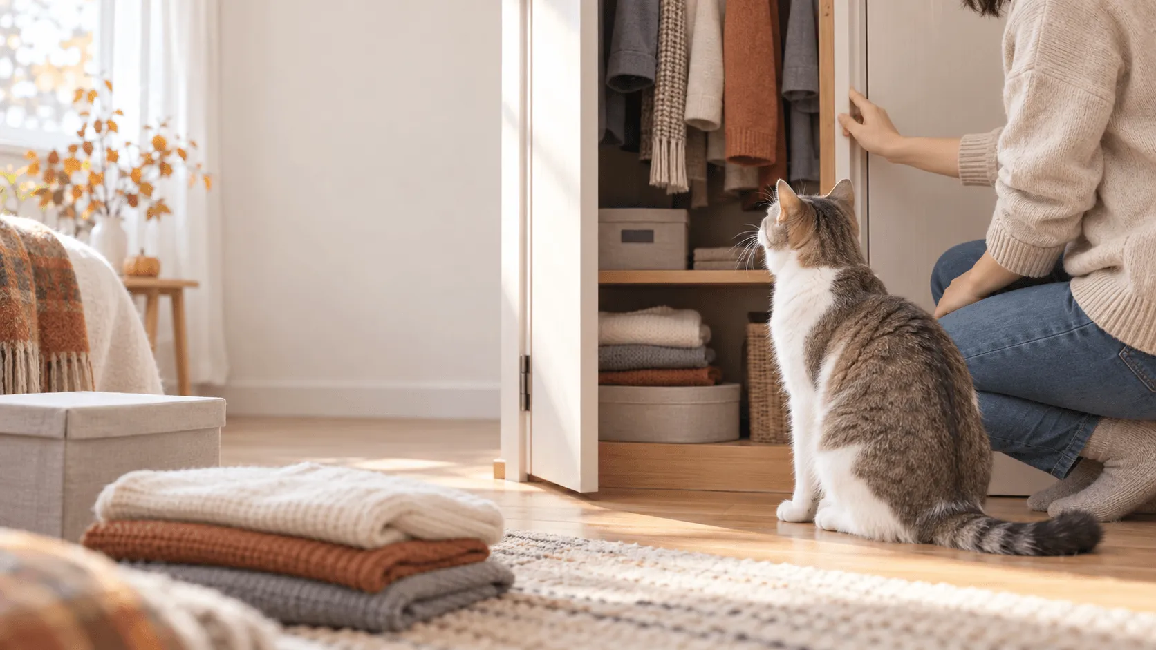 秋の衣替え中に猫がクローゼットへ入るとき｜閉じ込め・防虫剤・ひもの事故を防ぐ