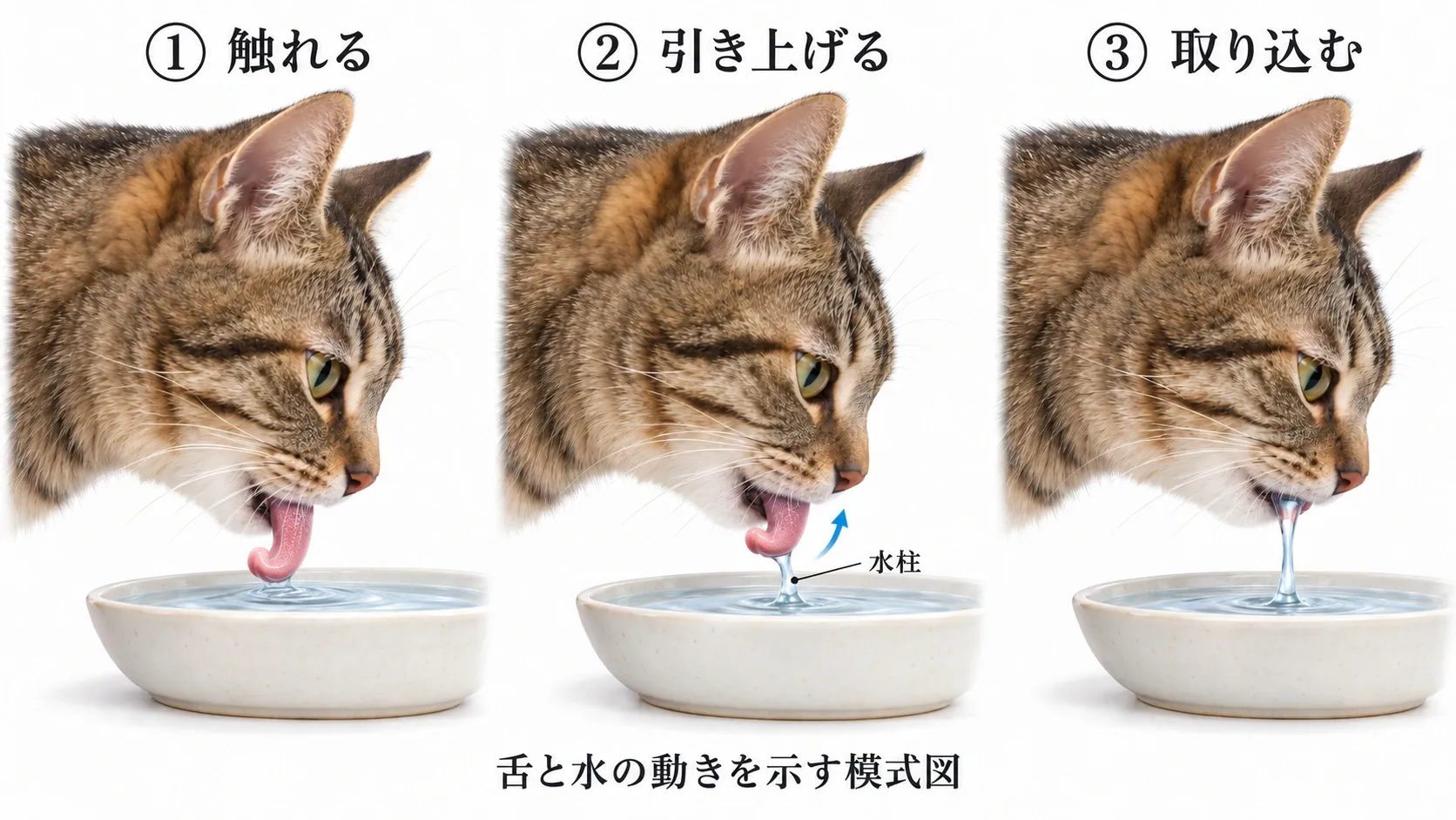 猫の飲水を示す3段階の解説イラスト。後ろへ曲げた舌先が水面に触れ、舌を戻すと水柱が伸び、水柱が切れる前に口を閉じて上側の水を取り込む。